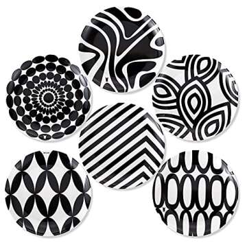 French Bull Melamine Assorted Plates-6 Piece Set -Melamine Dinnerware-Platter, Serving, Party, Platter, Dish (6" Appetizer Plate, Black & White)