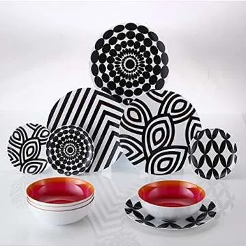 French Bull Melamine Assorted Plates-6 Piece Set -Melamine Dinnerware-Platter, Serving, Party, Platter, Dish (6" Appetizer Plate, Black & White)