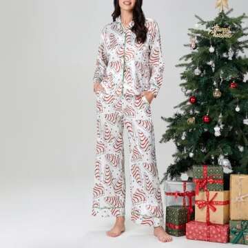 Faretumiya Women Silk Satin Christmas Tree Cakes Pajamas Xmas Long Sleeve Sleepwear Holiday Print Tw...