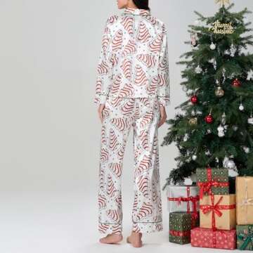 Faretumiya Women Silk Satin Christmas Tree Cakes Pajamas Xmas Long Sleeve Sleepwear Holiday Print Two Piece Pjs Pants Set(Cake Tree White,Small)