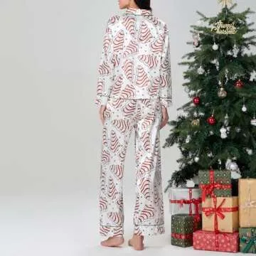 Faretumiya Women Silk Satin Christmas Tree Cakes Pajamas Xmas Long Sleeve Sleepwear Holiday Print Two Piece Pjs Pants Set(Cake Tree White,Small)