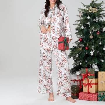 Faretumiya Women Silk Satin Christmas Tree Cakes Pajamas Xmas Long Sleeve Sleepwear Holiday Print Two Piece Pjs Pants Set(Cake Tree White,Small)