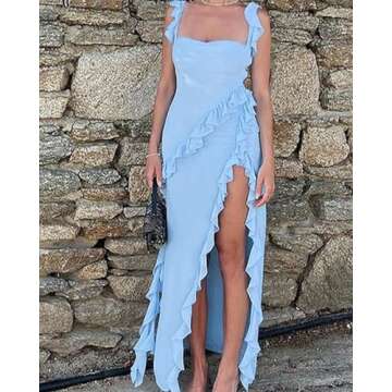 Tbahhir Womens Square Neck Sexy Dresses 2024 Summer Beach Ruffle Split Long Dress Sleeveless Party Dress Blue, Medium
