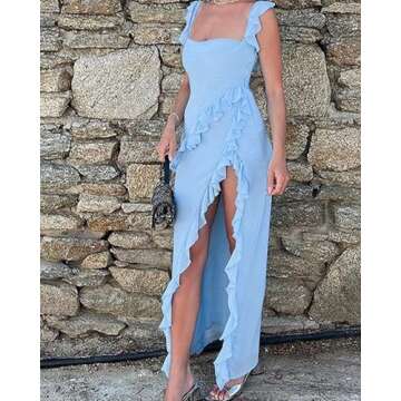 Tbahhir Womens Square Neck Sexy Dresses 2024 Summer Beach Ruffle Split Long Dress Sleeveless Party Dress Blue, Medium