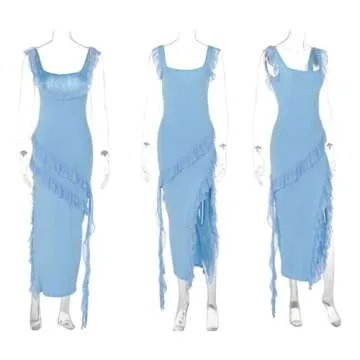 Tbahhir Womens Square Neck Sexy Dresses 2024 Summer Beach Ruffle Split Long Dress Sleeveless Party Dress Blue, Medium