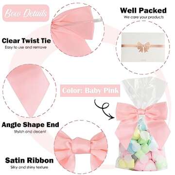 AIMUDI Pink Satin Bows for Crafts 4.5" Pre-Tied Pink Bows for Baby Shower Premade Bows with Twist Ties Pink Gift Bows for Christmas Tree Wedding Decor Party Favors Gender Reveal Treat Bags - 36 PCs