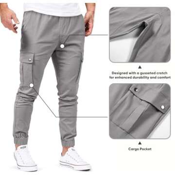 JMIERR Mens Casual Cargo Pants Cotton Tapered Stretch Twill Drawstring Athletic Joggers Sweatpants Trousers with Multiple Pockets, S, Grey