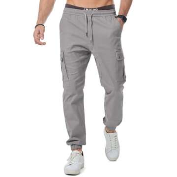 JMIERR Mens Casual Cargo Pants Cotton Tapered Stretch Twill Drawstring Athletic Joggers Sweatpants Trousers with Multiple Pockets, S, Grey