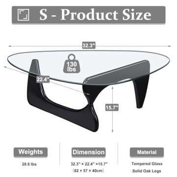 Small Oval Glass Coffee Table Modern Triangle Coffee Table Mid Century Vintage Coffee Table for Living Room Black Center Minimalist Display Coffe Table,Solid Wood Base and Triangle Clear Glass Top