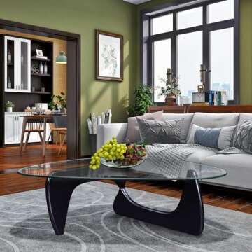 Small Oval Glass Coffee Table Modern Triangle Coffee Table Mid Century Vintage Coffee Table for Living Room Black Center Minimalist Display Coffe Table,Solid Wood Base and Triangle Clear Glass Top