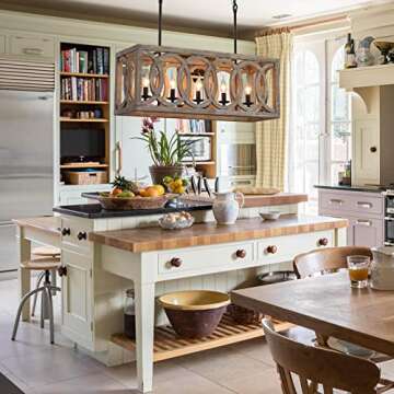 Linear Farmhouse Island Chandelier Light Fixture, 5-Light Rectangle Rustic Wood Chandeliers for Dini...
