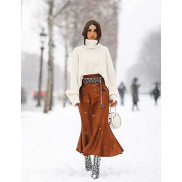 Zeagoo Women Midi Satin Skirts Brown Zipper Elegant Dress Work Skirt High Waist S-XL