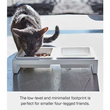 Yamazaki Home Tower Steel and Ceramic Pet Food Stand | 2 Bowls for Food and Water | Feeder for Small Cats and Dogs | Non-Slip - Short - 1.25 Cups, 300 Milliliters Per Bowl, White