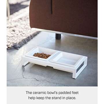 Yamazaki Home Tower Steel and Ceramic Pet Food Stand | 2 Bowls for Food and Water | Feeder for Small Cats and Dogs | Non-Slip - Short - 1.25 Cups, 300 Milliliters Per Bowl, White