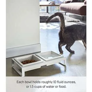 Yamazaki Home Tower Steel and Ceramic Pet Food Stand | 2 Bowls for Food and Water | Feeder for Small Cats and Dogs | Non-Slip - Short - 1.25 Cups, 300 Milliliters Per Bowl, White