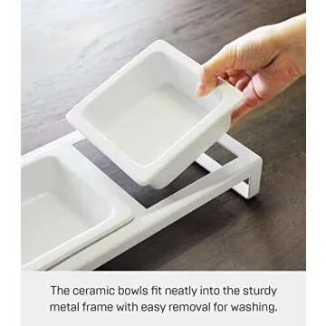 Yamazaki Home Tower Steel and Ceramic Pet Food Stand | 2 Bowls for Food and Water | Feeder for Small Cats and Dogs | Non-Slip - Short - 1.25 Cups, 300 Milliliters Per Bowl, White
