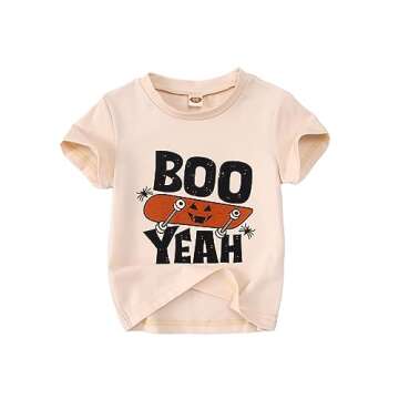 Ritatte Toddler Halloween Shirt Baby Boys Girls Boo Yeah T-Shirt Pumpkin Skateboard Ghost Graphic Tee Short Sleeve Tops(Apricot-80, 110<3-4T>)