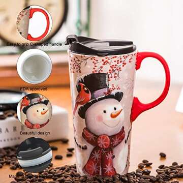 Topadorn Christmas Ceramic Travel Mug Porcelain Coffee Cup with Spill-proof Lid and Gift Box for Holiday,Snowman&Cardinal