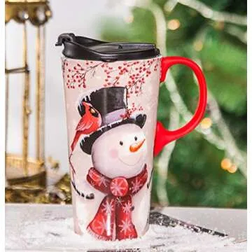 Topadorn Christmas Ceramic Travel Mug Porcelain Coffee Cup with Spill-proof Lid and Gift Box for Holiday,Snowman&Cardinal