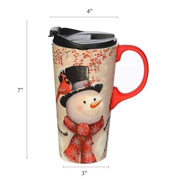 Topadorn Christmas Ceramic Travel Mug Porcelain Coffee Cup with Spill-proof Lid and Gift Box for Holiday,Snowman&Cardinal