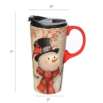 Topadorn Christmas Ceramic Travel Mug Porcelain Coffee Cup with Spill-proof Lid and Gift Box for Holiday,Snowman&Cardinal