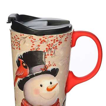 Topadorn Christmas Ceramic Travel Mug Porcelain Coffee Cup with Spill-proof Lid and Gift Box for Holiday,Snowman&Cardinal