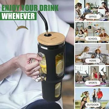 VOKOVO 46oz Glass Tumbler with Bamboo Lid and Straw