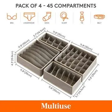 Lifewit Drawer Underwear Organizer Divider 4 Pieces Fabric Foldable Dresser Storage Basket Organizers and Storage Bins for Storing Bra, Lingerie, Undies, Light Grey
