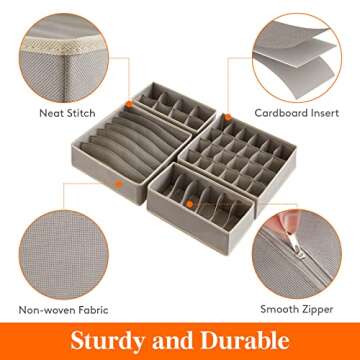 Lifewit Drawer Underwear Organizer Divider 4 Pieces Fabric Foldable Dresser Storage Basket Organizers and Storage Bins for Storing Bra, Lingerie, Undies, Light Grey