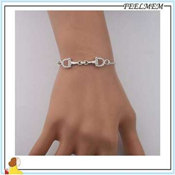 FEELMEM Horse Snaffle Bit Crystal Easy Hook Clasp Charm Bangle Bracelet Equestrian Jewelry Good Luck Gift (Snaffle slider silver)