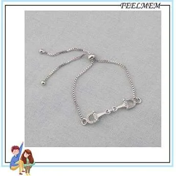 FEELMEM Horse Snaffle Bit Crystal Easy Hook Clasp Charm Bangle Bracelet Equestrian Jewelry Good Luck Gift (Snaffle slider silver)