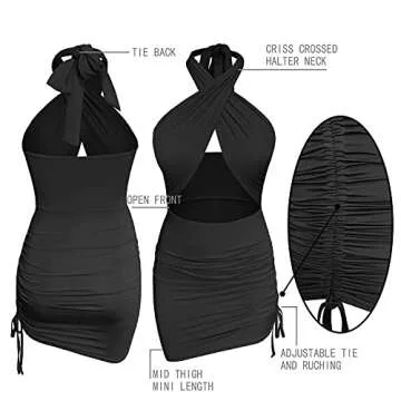 Lizstud Women Sexy Club Halter Criss Cross Hollow Out Ruched Sleeveless Mini Bodycon Dresses Black