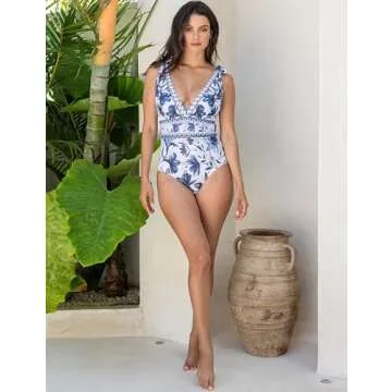 FLAXMAKER Blue and White Adjustable Shoulder Strip Plant Prints One Piece Swimsuit and Skirt/Sarong (US, Alpha, Medium, Regular, Regular, Blue #1 Swim and Skirt)