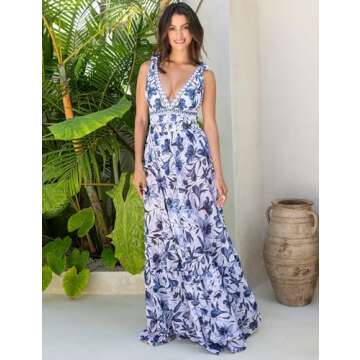 FLAXMAKER Blue and White Adjustable Shoulder Strip Plant Prints One Piece Swimsuit and Skirt/Sarong (US, Alpha, Medium, Regular, Regular, Blue #1 Swim and Skirt)