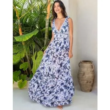 FLAXMAKER Blue and White Adjustable Shoulder Strip Plant Prints One Piece Swimsuit and Skirt/Sarong (US, Alpha, Medium, Regular, Regular, Blue #1 Swim and Skirt)