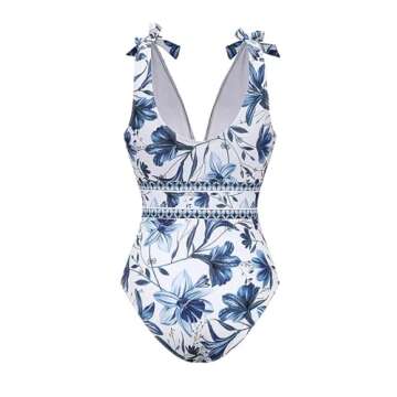 FLAXMAKER Blue and White Adjustable Shoulder Strip Plant Prints One Piece Swimsuit and Skirt/Sarong (US, Alpha, Medium, Regular, Regular, Blue #1 Swim and Skirt)