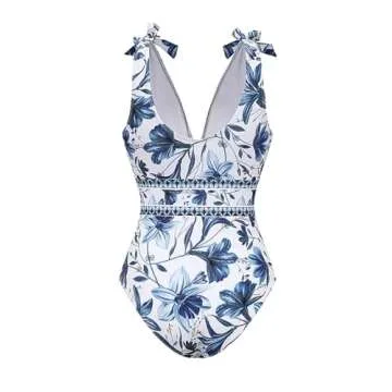FLAXMAKER Blue and White Adjustable Shoulder Strip Plant Prints One Piece Swimsuit and Skirt/Sarong (US, Alpha, Medium, Regular, Regular, Blue #1 Swim and Skirt)