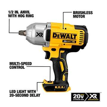 DEWALT 20V MAX XR Impact Wrench, Cordless, 1/2Inch, 700-lbs of Torque, 2,400 IPM, Bare Tool Only (DCF899HB)