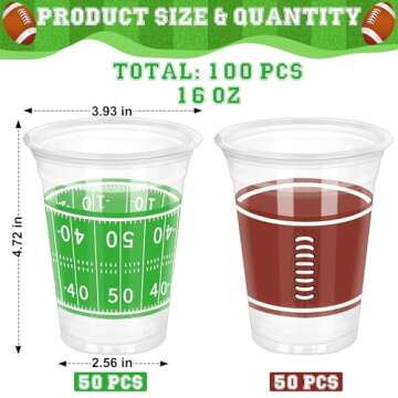 100 PCS Super Bowl Plastic Cups, 16 OZ Plastic Cups, Clear Football Cups Bulk, Disposable Cups Cold ...