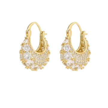 MIKAMU 14K Gold Thick Oval Hoop Earrings for Women CZ cubic zirconia Gold Plated trendy Thick Oval E...