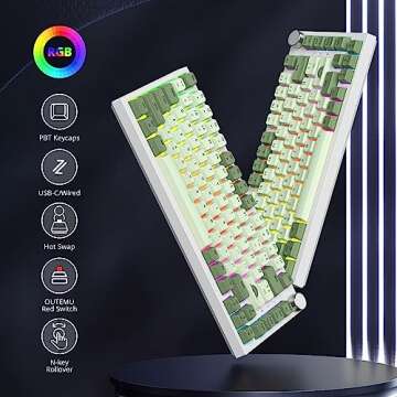 Fogruaden Wired 75% Mechanical Gaming Keyboard 75 Percent Matcha Keyboard Hot Swappable Gasket Mount, Red Switch, RGB Backlit 82 Keys TKL Mechanical Keyboard, NKRO Compact Keyboard with Knob