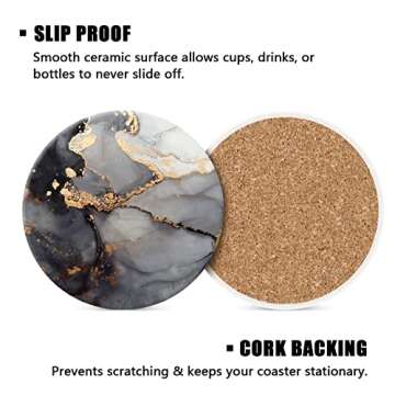 ATEDEANEI Black Golden Marble Drink Coasters with Holder, Ceramic Absorbent Coaster Sets of 4,Non-Slip Cork Base,Housewarming Gifts