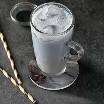 ATEDEANEI Black Golden Marble Drink Coasters with Holder, Ceramic Absorbent Coaster Sets of 4,Non-Slip Cork Base,Housewarming Gifts