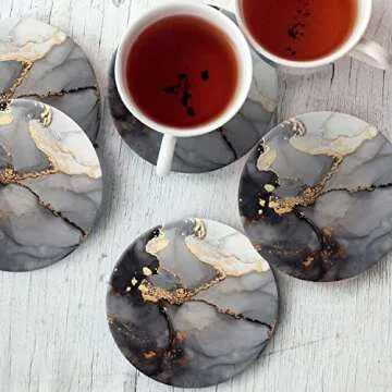 ATEDEANEI Black Golden Marble Drink Coasters with Holder, Ceramic Absorbent Coaster Sets of 4,Non-Slip Cork Base,Housewarming Gifts