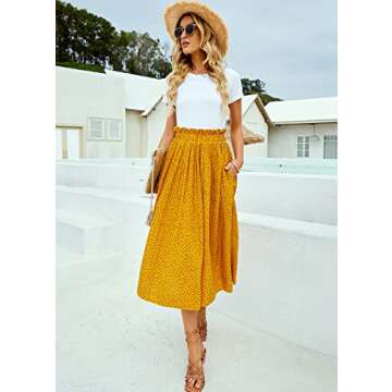 Yellow Floral Skirt for Women Casual Pleated High Waisted Midi Swing Flared Aline Skirt with Pockets Small