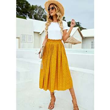 Yellow Floral Skirt for Women Casual Pleated High Waisted Midi Swing Flared Aline Skirt with Pockets Small