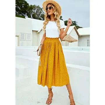 Yellow Floral Skirt for Women Casual Pleated High Waisted Midi Swing Flared Aline Skirt with Pockets Small