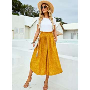 Yellow Floral Skirt for Women Casual Pleated High Waisted Midi Swing Flared Aline Skirt with Pockets Small