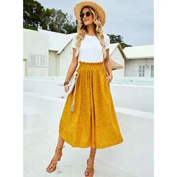 Yellow Floral Skirt for Women Casual Pleated High Waisted Midi Swing Flared Aline Skirt with Pockets Small