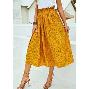 Yellow Floral Skirt for Women Casual Pleated High Waisted Midi Swing Flared Aline Skirt with Pockets Small